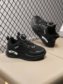 Kids' Black Athletic Chunky Sneakers, Personalized Simple Running Shoes, Rotary Buckle Mesh Breathable Casual Sports Shoes, Easy On/Off Boys Girls Student Shoes - Black - View 8