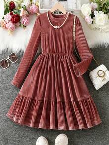 Elegant Chestnut Long Sleeve Girls Dress, Ribbed Texture With Ruffle Hem, Suitable For Casual To Semi-Formal Occasions, Graceful Girls Outfit - 紫紅色 - 查看 1