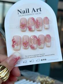 10片裸肤法式少女3D粉色花卉图案美甲贴片，手工制作，全覆盖法式方型中长款，三维手绘雕刻花朵设计，亮泽美甲用品 - 彩色 - 查看 3
