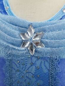 6pcs Set Light Blue Girl's Puff Sleeve Rhinestone Mesh Dress With Accessories, Children's Christmas & Halloween Party Costume Outfit - Light Blue - View 10