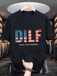 DILF - Damn I Love Freedom American Flag T-Shirt - Casual Crew Neck Cotton T-Shirt, Super Soft, Summer Breathable Tee - Perfect For 4th Of July, Memorial Day, Independence Day, Patriotic Events, Gift For Dad, Boyfriend, Husband, Friends.-58695 - Black - View 1