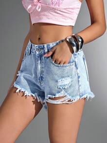 Jeanoix Summer Casual Washed Ripped Frayed Denim Shorts - Light Wash - View 3