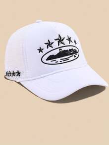 1顶刺绣五角星棒球网帽，可调节户外防晒休闲帽，适合春秋季旅行、海滩，男女皆宜，Y2K风格，（运输过程中可能略有变形，不影响使用）