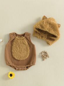 Disfraz de lobo de Halloween para bebé, mono de peluche con cuello redondo, sin mangas y retazos, con gorro, 2 piezas - Caqui - Ver 4