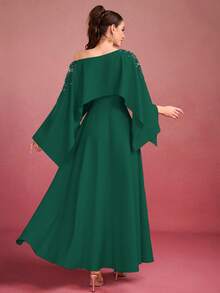 Women's Solid Color Long Elegant Dress With Studded Cape Shoulder, Open Shoulder - Dark Green - View 2