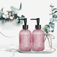 "2-Pack 13oz Glass Soap Dispensers With Black Plastic Pumps - Refillable Hand Soap & Lotion Bottles, Crystal Clear Liquid Dispensers For Bathroom, Kitchen Countertop, Hotel & Modern Home Decor" - 粉色 - 查看 8