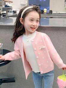 enmi bear 青少年女孩波尔卡圆点开衫毛衣,保暖内衬休闲长袖针织外套,秋冬 - 粉色 - 查看 7