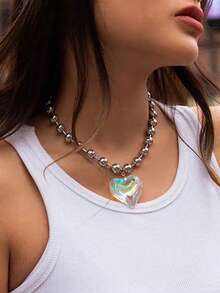 1pc Fashion European And American Punk Minimalist Heart Thick Chain Pendant Necklace, Couples Necklace - NZ2900 - View 4