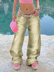 Roupas femininas de outono, jeans verde retrô americano, novo, cintura média, reto, solto, perna larga, calça casual de rua - Verde de Exercício - Ver 3