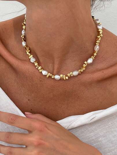 1pc Asymmetrical Faux Pearl CCB Necklace Clavicle Chain, Suitable For Women's Daily Commute, Shopping, Dating, Gift For Girlfriends/Family/Friends