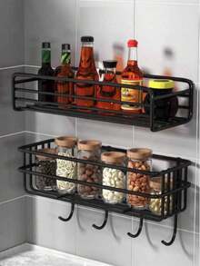1pc No-Drilling Bathroom Organizer Shelf, Wall Mounted Shower Caddy Storage Rack For Toilet, Shampoo, Kitchen Home Bathroom Decor Fall Decor Back To School Bathroom - Black - View 7