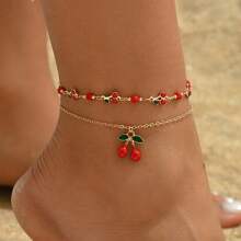 2 pezzi Cavigliera donna con pendente a forma di ciliegia, semplice e alla moda, adatta per uso casual, viaggio, spiaggia, uso quotidiano, elegante e luminosa collana gioiello.