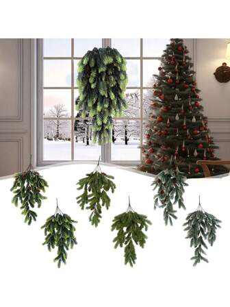 4pcs Holiday Atmosphere Simulation Christmas Pine Needle Wall Hanging Plastic Fake Flower Plant Wall Hanging Christmas