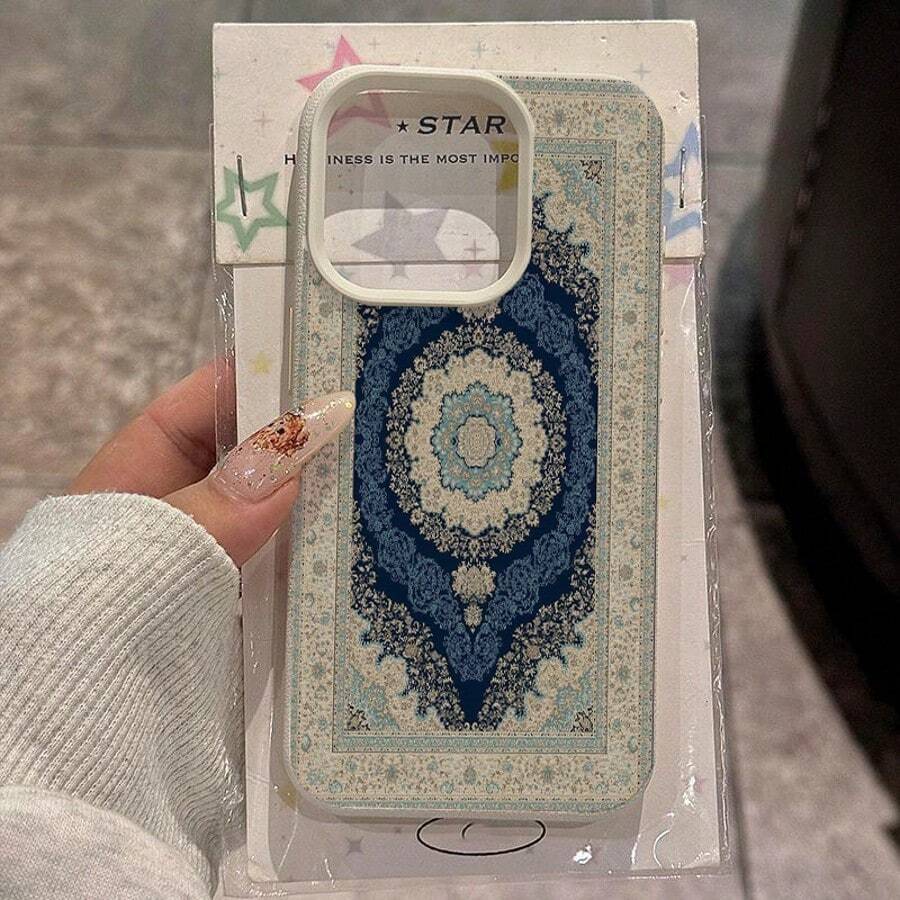 1pc Vintage Blue Floral Pattern Full Screen TPU Phone Case Compatible With Apple/ Phones,International Version, Not The Domestic Version - White - View 1
