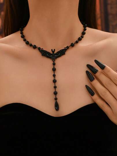 1 件万圣节串珠流苏哥特式蝙蝠朋克风格长吊坠 Y 型项链