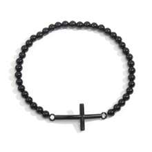 Bracciale da uomo con croce in metallo color acciaio, accessori metallici cool e hardcore con perline di calcedonio rosso cremisi lucido da 4 mm e pietre preziose