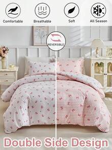 2/3pcs Pink Bow Pattern Print Polyester Duvet Cover Set, Reversible Cute Soft Breathable Kids Girls Bedding Set For Bedroom Dorms All Seasons Use, Back To School Comforter Cover Set, Zipper Closure, Machine Washable (1 Duvet Cover+ 1/2 Pillowcases) - Multicolor - View 2