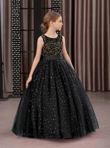 少女亮片3D蝴蝶结薄纱派对礼服，黑色优雅公主裙，适合女孩生日派对、舞会、婚礼、感恩节、毕业典礼等场合。 - 黑色 - 查看 3