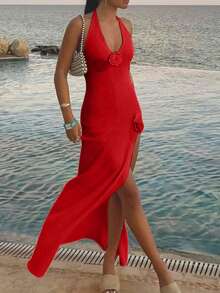 Yuwenier eleganter V-Ausschnitt, halb durchsichtig, handgefertigt bestickter floraler gestrickter weißer Neckholder Maxirock mit seitlichem Schlitz, schmal geschnitten, Sommer Strandkleid für Frauen