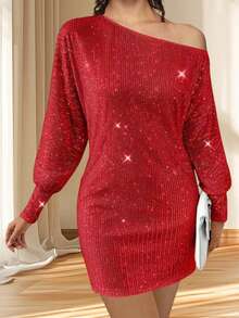 Women's Off One Shoulder Sequined Dress Slim Fit Stylish Sparkly Long Sleeve Mini Bodycon Dress - 紅色 - 查看 3