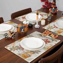 1/2/4/6 Pieces Of Autumn Polyester Placemats - Maple Leaf And Pumpkin Pattern Watercolor Design, 30x45 Cm, Machine Washable Table Mat, Suitable For Thanksgiving, Autumn Kitchen And Dining Decoration, Rural Seasonal Tableware, Autumn Table Decoration, Thanksgiving Plate Arrangement, High-Quality Fabric, Home Entertainment Decoration. - Multicolor - View 4