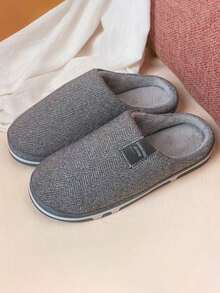 New Oversized Wide Striped Fleece Slippers For Women, Autumn/Winter Indoor Home Minimalist Solid Color Thick Sole Plush Warm Slippers, Winter Slippers For Women - Grey - View 4