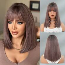 NICKY WALL 16 Inch Pink Purple Short Straight Bob Wigs For Women Shoulder Length Straight Wigs With Bangs High Density Synthetic Heat Resistant Wigs Replacement Wigs For Girls For Daily Party Cosplay Use