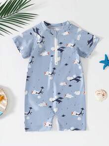 Baby BoyOne-Piece Swimsuit, Quick-Dry Cartoon Animal Print Swimwear, Cute Infant Beachwear - Dusty Blue - View 2