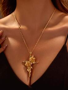 1pc 18K Gold Plated Luxury Diamond Rose Flower Pendant Necklace, Specially Designed For Women's Wedding, Exquisite Craftsmanship Showcasing Elegance And Uniqueness, Comes With Velvet Bag - Gold - View 16