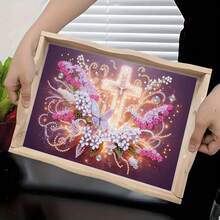 Kit de peinture de diamant DIY avec plateau, design de croix de luxe - Diamants acryliques de forme asymétrique, plateau en bois de thème de dessin animé pour rassemblement familial, décoration de petit-déjeuner, café, thé, stockage, fournitures de fête, décoration d'intérieur