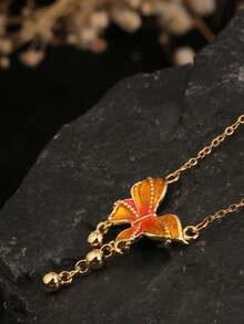 1 件不锈钢简约渐变色珐琅蝴蝶吊坠项链带流苏，适合女性派对和日常佩戴 - 金色 - 查看 3