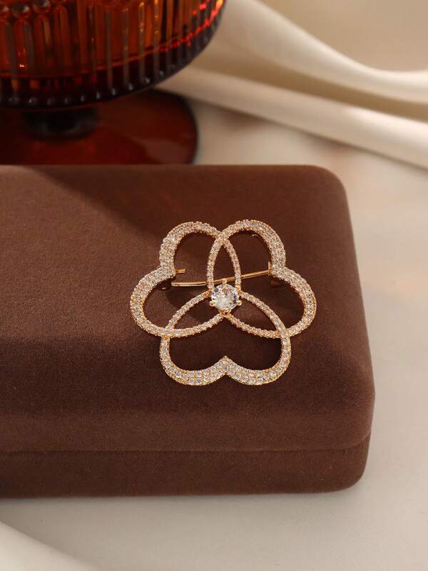 1pc Elegant Vintage Style Multi-Layer Copper Alloy Brooch With Shiny Zirconia - Women's Unique Multi-Layer Heart Design, Suitable For Parties And Special Occasions