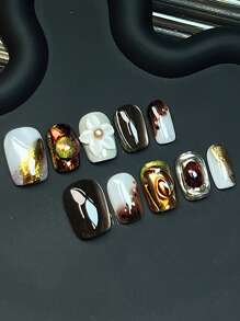 10 件手工按压指甲 3D 花卉装饰，棕金色金属光泽，宝石般的纹理与复古奢华风格，短棺材假指甲适合晚会、返校舞会和华丽场合，丙烯酸指甲艺术与果冻胶和指甲锉指甲用品指甲