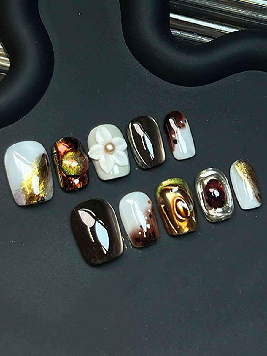 10 件手工按压指甲 3D 花卉装饰，棕金色金属光泽，宝石般的纹理与复古奢华风格，短棺材假指甲适合晚会、返校舞会和华丽场合，丙烯酸指甲艺术与果冻胶和指甲锉指甲用品指甲