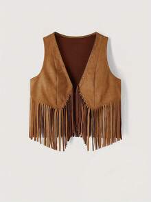 Women's Light Brown Striped Tassel Irregular Jacket, Deep V-Neck Short Top - Light Brown - View 2