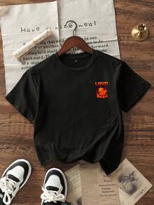 青少年男童学生休闲印花圆领短袖T恤，夏季上衣 - 黑色 - 查看 4