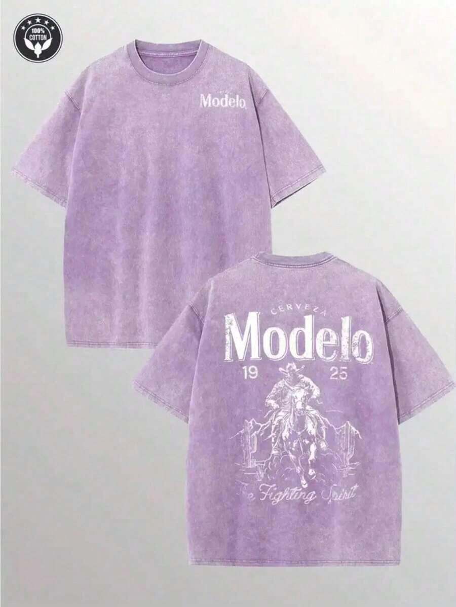 Modelo Men's Washing Cotton T-Shirt, Cotton, Casual Sports Style T Blood, Fashionable Street Style, Suitable For Travel And Sportswear, - 紫色 - 查看 1