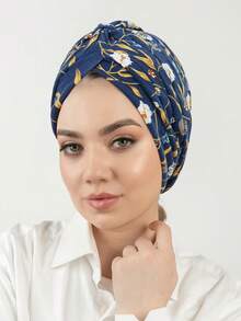 1pc Muslim Printed Headscarf Cap, European & American Style Floral Fabric Turban Hat, Pleated Design For Women For Dress - A - View 11