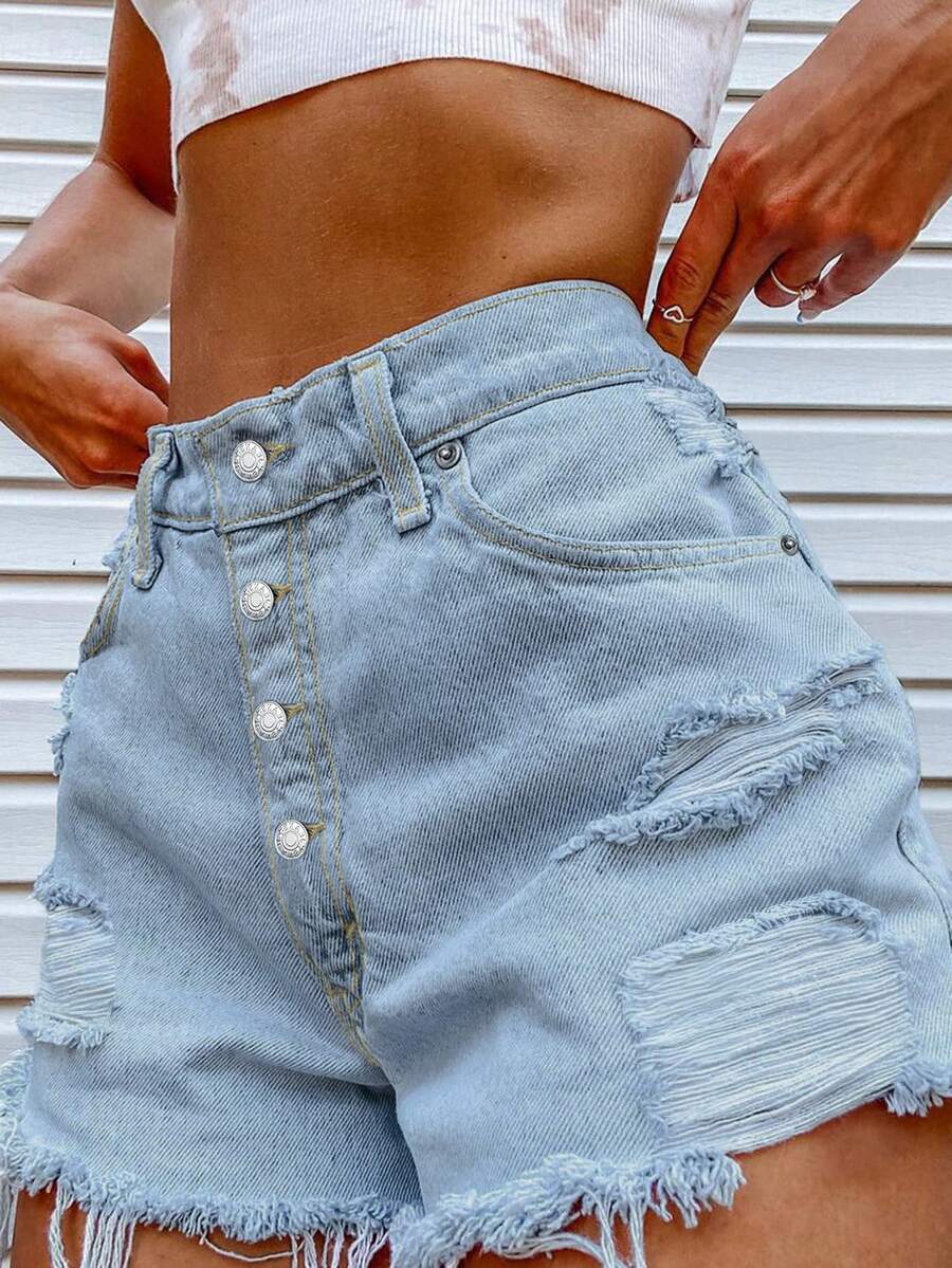 Women's Street Style Non-Stretch Distressed Button Fly Denim Shorts, Versatile Casual Fit For Spring/Summer - Light Wash - View 1