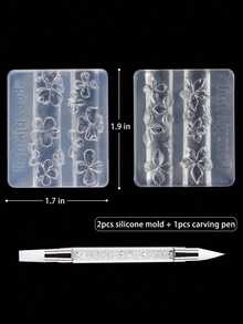 2件套3D立体花卉美甲模具，硅胶材质，带雕刻笔、透明美甲模板、莲花和樱花图案模具，树脂环氧树脂专业用品 - 彩色 - 查看 2