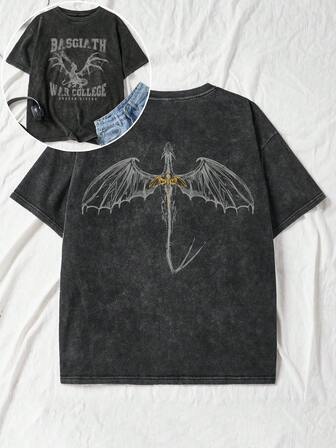 女式夏季第四翼图案印花圆领短袖简约休闲日常黑色加大码水洗T恤上衣