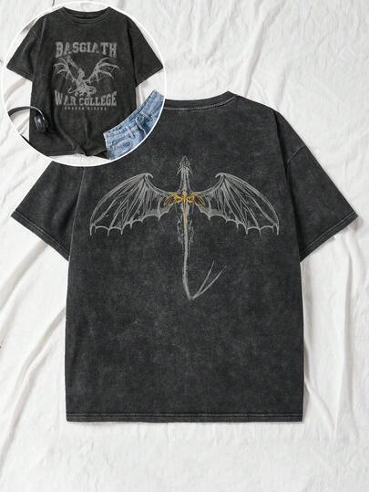 女式夏季第四翼图案印花圆领短袖简约休闲日常黑色加大码水洗T恤上衣