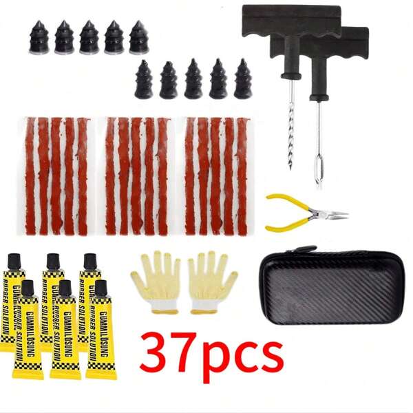 37-teiliges Reparatur-Set für universelle Reifen - Notfall-Reparatur-Stecker & Flickzeug-Set für Autos, Motorräder, SUVs - enthält Gummistreifen, Einführwerkzeuge & Klebstoff - schnelle Reparatur für reifenlose Reifen
