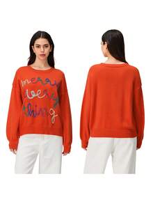Women's Christmas Ribbed Sweaters Contrast Color Letter Long Sleeve Round Neck Knitted Tops - Red - View 2