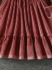 Elegant Chestnut Long Sleeve Girls Dress, Ribbed Texture With Ruffle Hem, Suitable For Casual To Semi-Formal Occasions, Graceful Girls Outfit - 紫紅色 - 查看 4