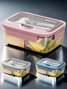 1400ml Microwave Bento Box, 3-Compartment, With Utensils, Suitable For Picnic, Work, School, Camping And Fitness - Multicolor - View 2