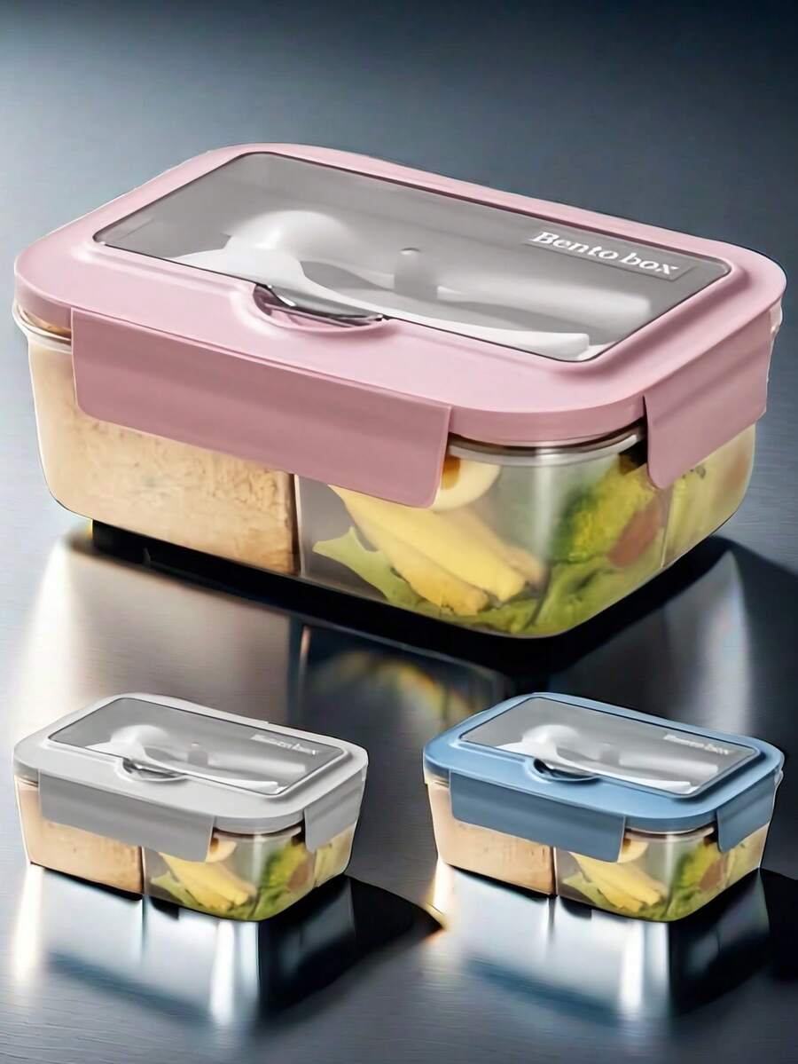 1400ml Microwave Bento Box, 3-Compartment, With Utensils, Suitable For Picnic, Work, School, Camping And Fitness