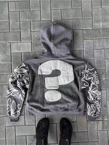 Letter Digital 3D Printing Street  Y2K Destroy Hoodie Loose Pullover Sweater - 灰色 - 查看 1