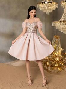 ALISA&LEO Đầm tốt nghiệp lấp lánh đính sequin dành cho nữ tuổi teen - Thiết kế hở vai, viền lưới xếp nếp, thân áo ôm sát hình trái tim đính hạt cườm, chân váy satin bóng, thích hợp cho lễ tốt nghiệp, dạ hội, dự đám cưới, các sự kiện trang trọng của trường và tiệc sinh nhật. - Màu Hồng baby - Xem 3