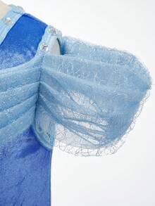 6pcs Set Light Blue Girl's Puff Sleeve Rhinestone Mesh Dress With Accessories, Children's Christmas & Halloween Party Costume Outfit - Light Blue - View 9